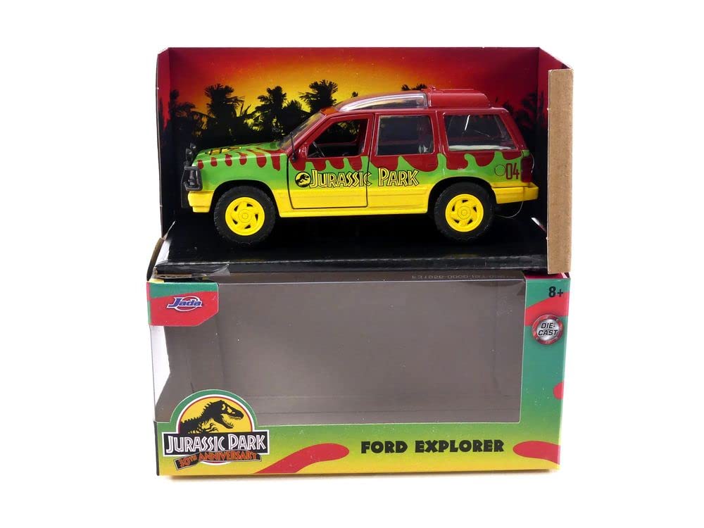 Jurassic Park Ford Explorer die-cast model, vibrant design, collectible packaging, adventure-themed toy.