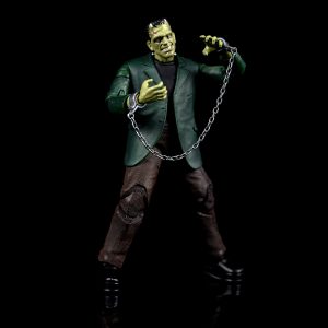 Dynamic Frankenstein monster action figure with green skin, distressed jacket, and silver chain.
