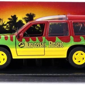Vibrant Jurassic Park SUV collectible model evokes adventure with bold colors and iconic branding.