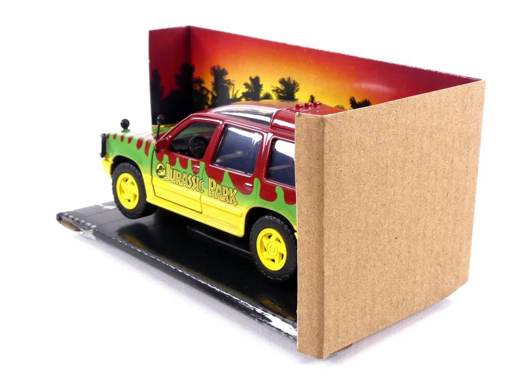 Vibrant Jurassic Park SUV toy model in sunset display, perfect for collectors and fans.
