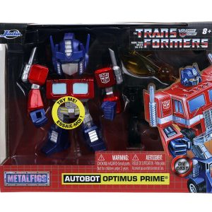 Optimus Prime collectible toy with vibrant packaging and dynamic Autobot artwork for fans.