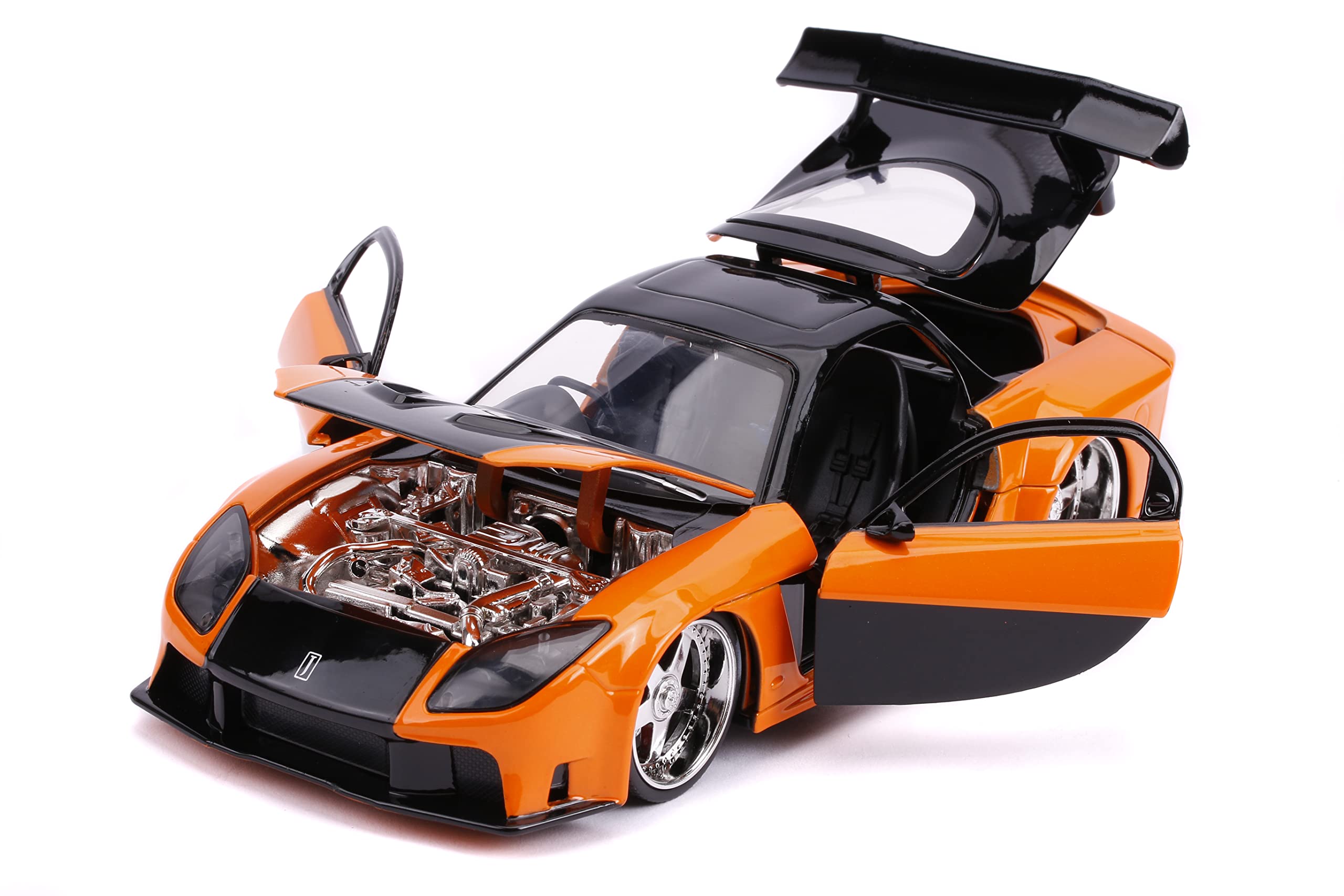 Vibrant orange and black supercar model with detailed engine and interior for collectors.