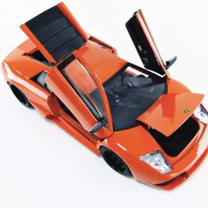 Vibrant orange sports car with scissor doors, showcasing luxury and high-performance design.