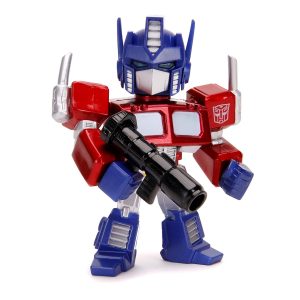 Vibrant robot action figure in red and blue, ready for adventure with a black weapon.