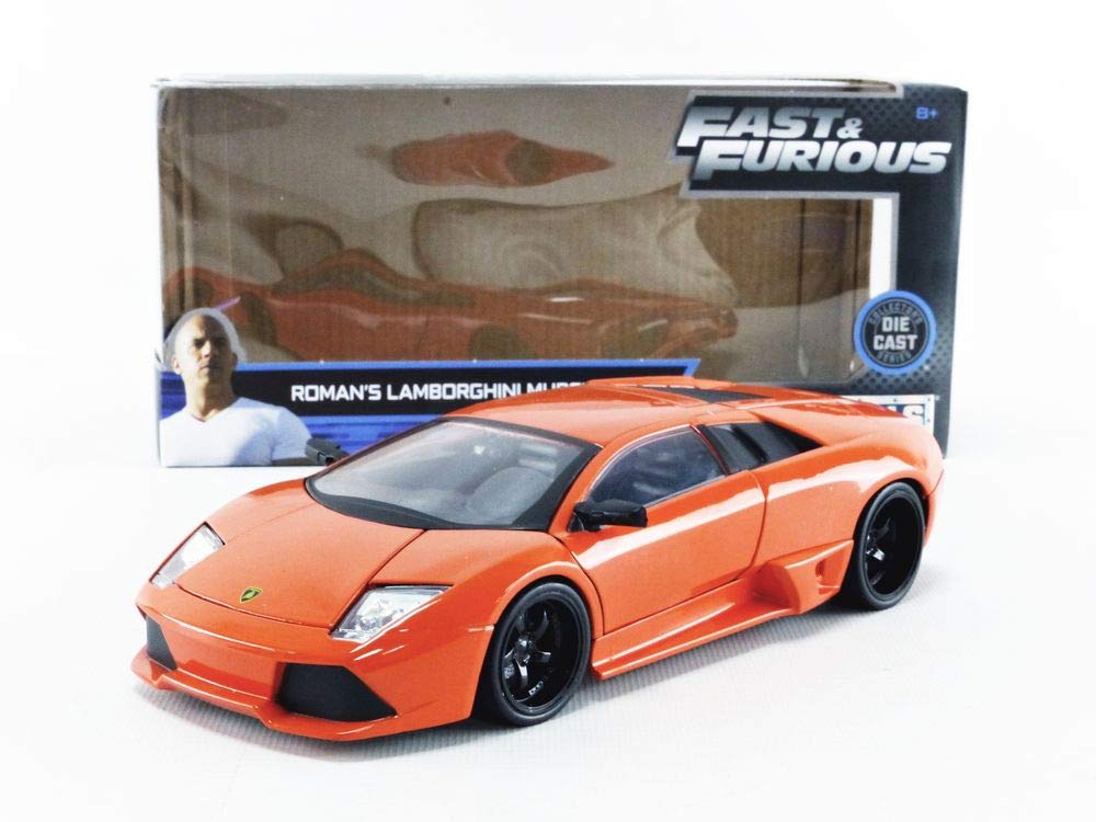 Romans vibrant orange Lamborghini MurciƩlago model from Fast & Furious, featuring detailed design and packaging.