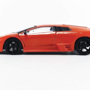 Vibrant orange sports car model with aerodynamic design and striking black alloy wheels.