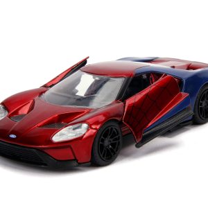 Vivid red sports car die-cast model with blue accents and functional doors for collectors.