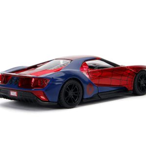 Stylish blue and red sports car model with aerodynamic design and aggressive stance.
