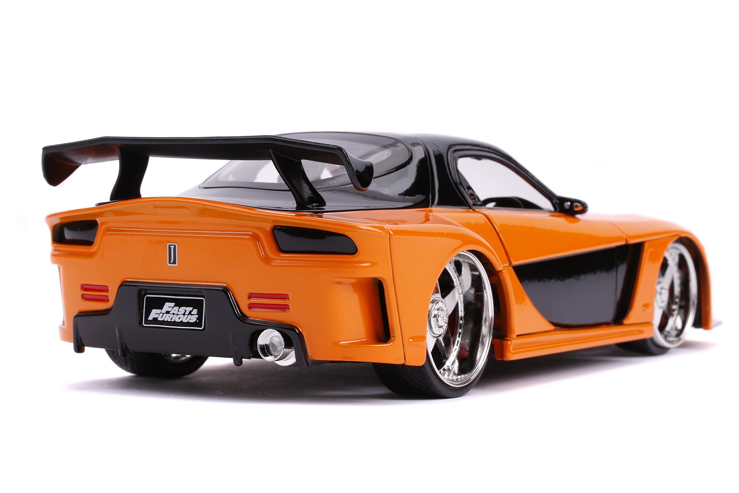 Sleek orange sports car model showcasing racing design, dual exhausts, and chrome wheels.