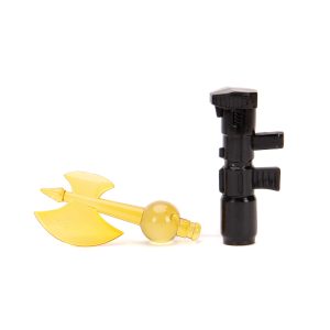 Colorful toy axe and futuristic gadget for creative play and imaginative adventures.