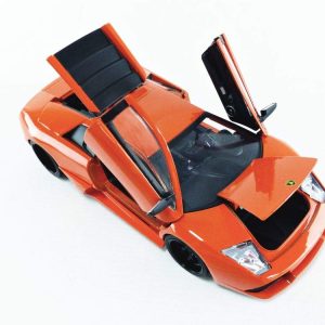 Vibrant orange sports car model with butterfly doors, showcasing sleek design and high-performance features.