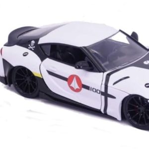 Sleek white sports car and futuristic purple driver figurine, perfect for racing enthusiasts.