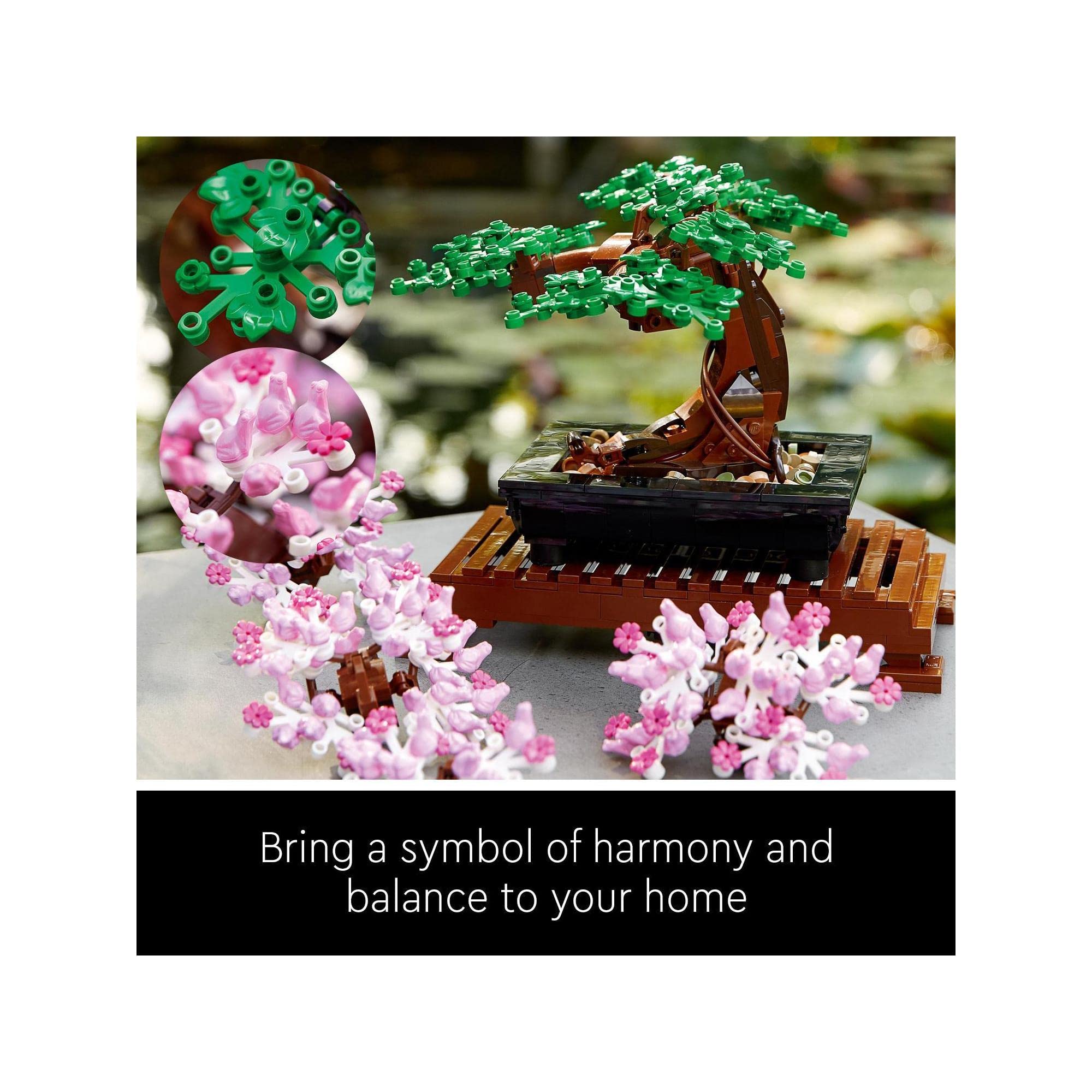 Elegant bonsai tree with cherry blossoms, symbolizing harmony and perfect for home decor.
