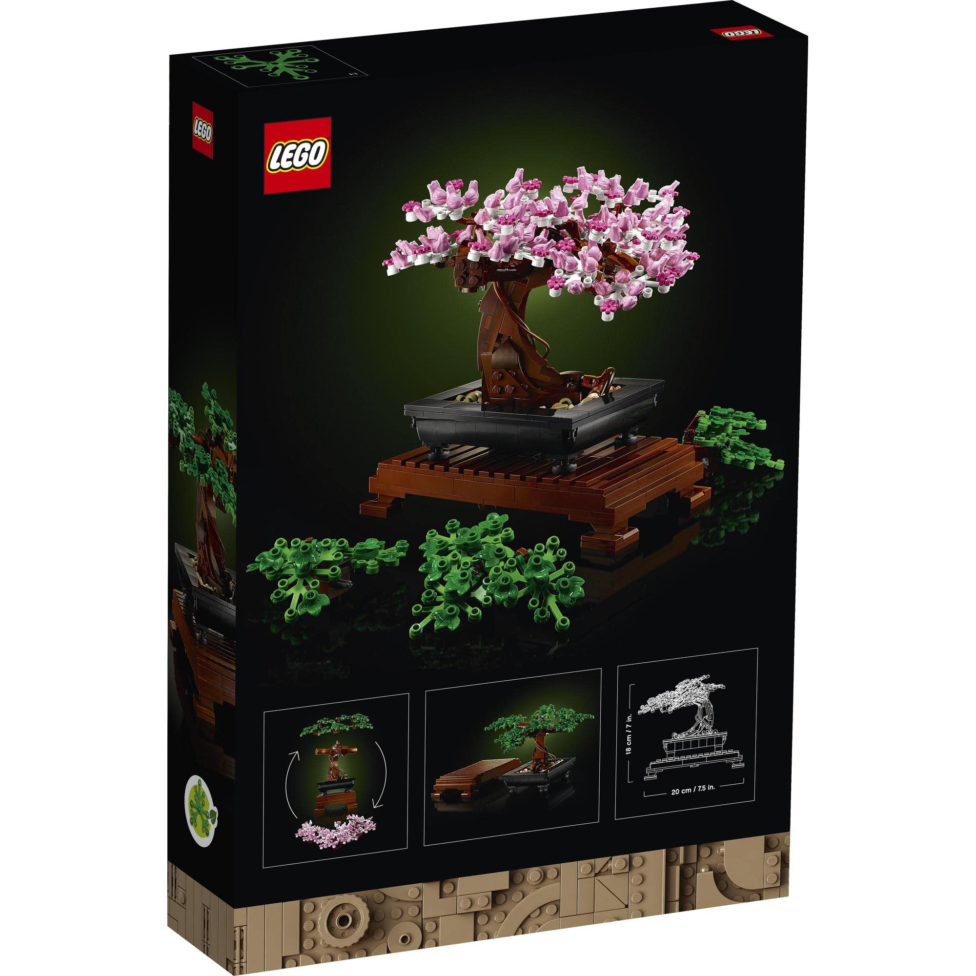 LEGO Bonsai Tree Set: Elegant model with pink blossoms and textured trunk, perfect for collectors.