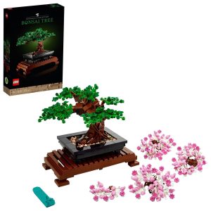 Vibrant LEGO Bonsai Tree set with cherry blossoms, perfect for artful decoration and tranquility.
