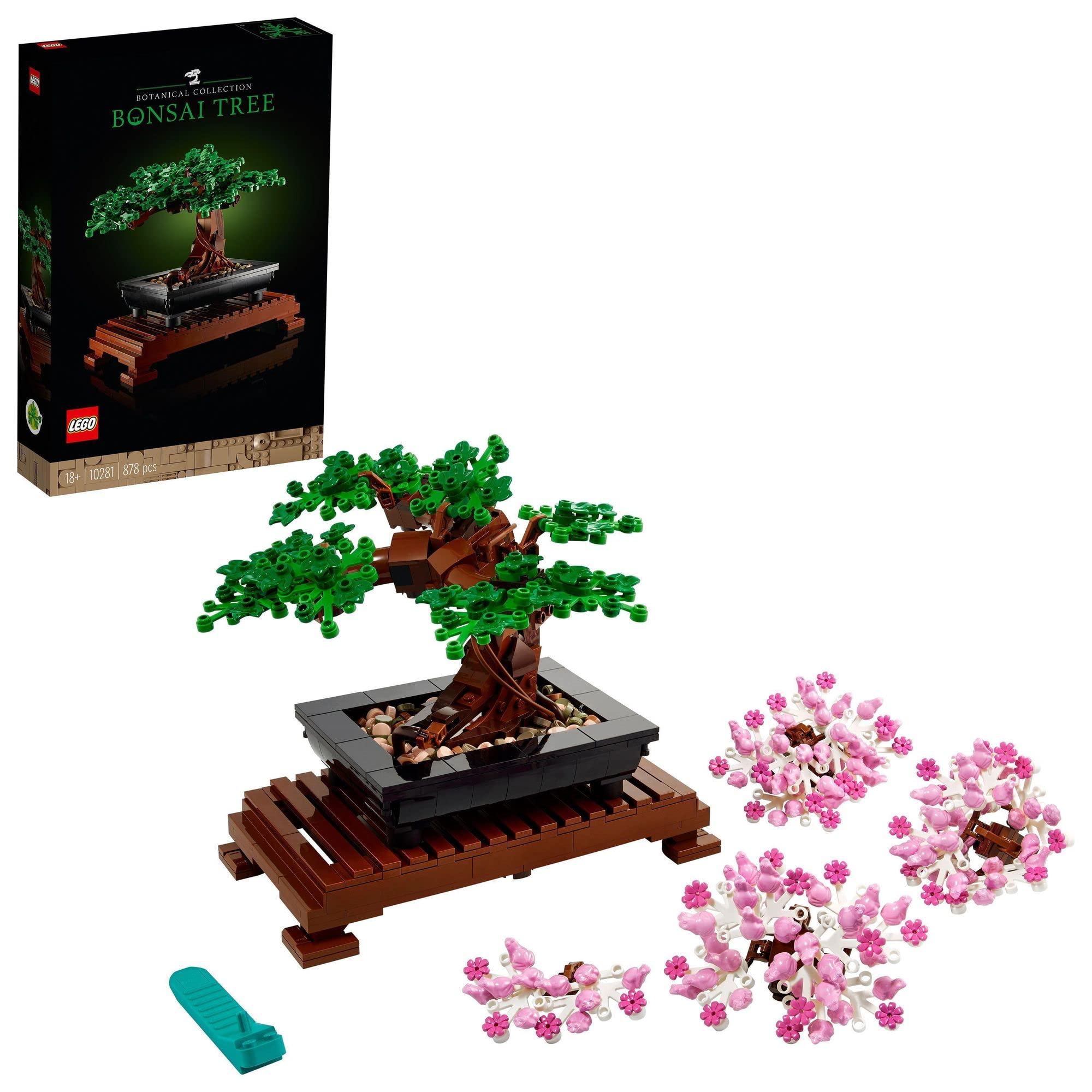 Vibrant LEGO Bonsai Tree set with cherry blossoms, perfect for artful decoration and tranquility.