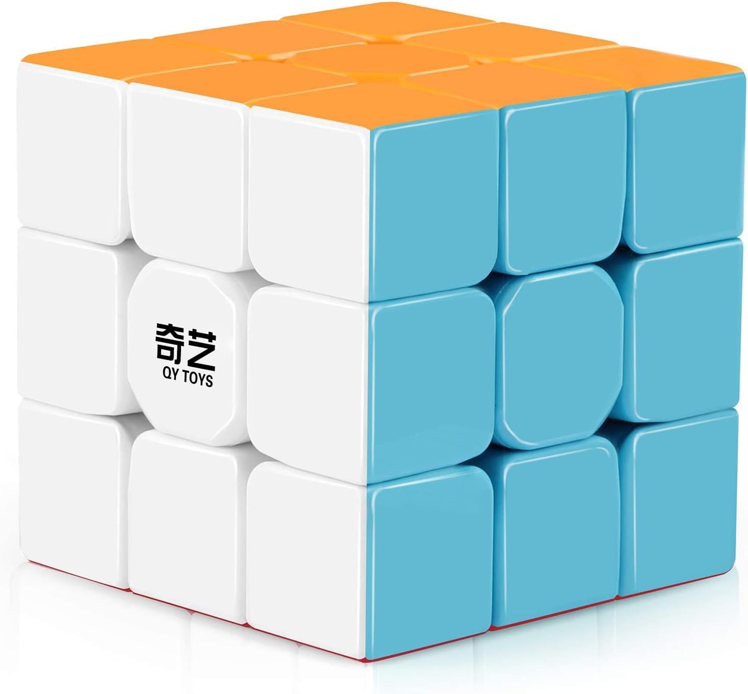 Vibrant orange and blue Rubiks Cube showcasing quality design and branding with QY 10 logo.