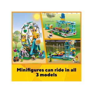 Colorful LEGO amusement park scene with a Ferris wheel, bumper cars, and a carousel.