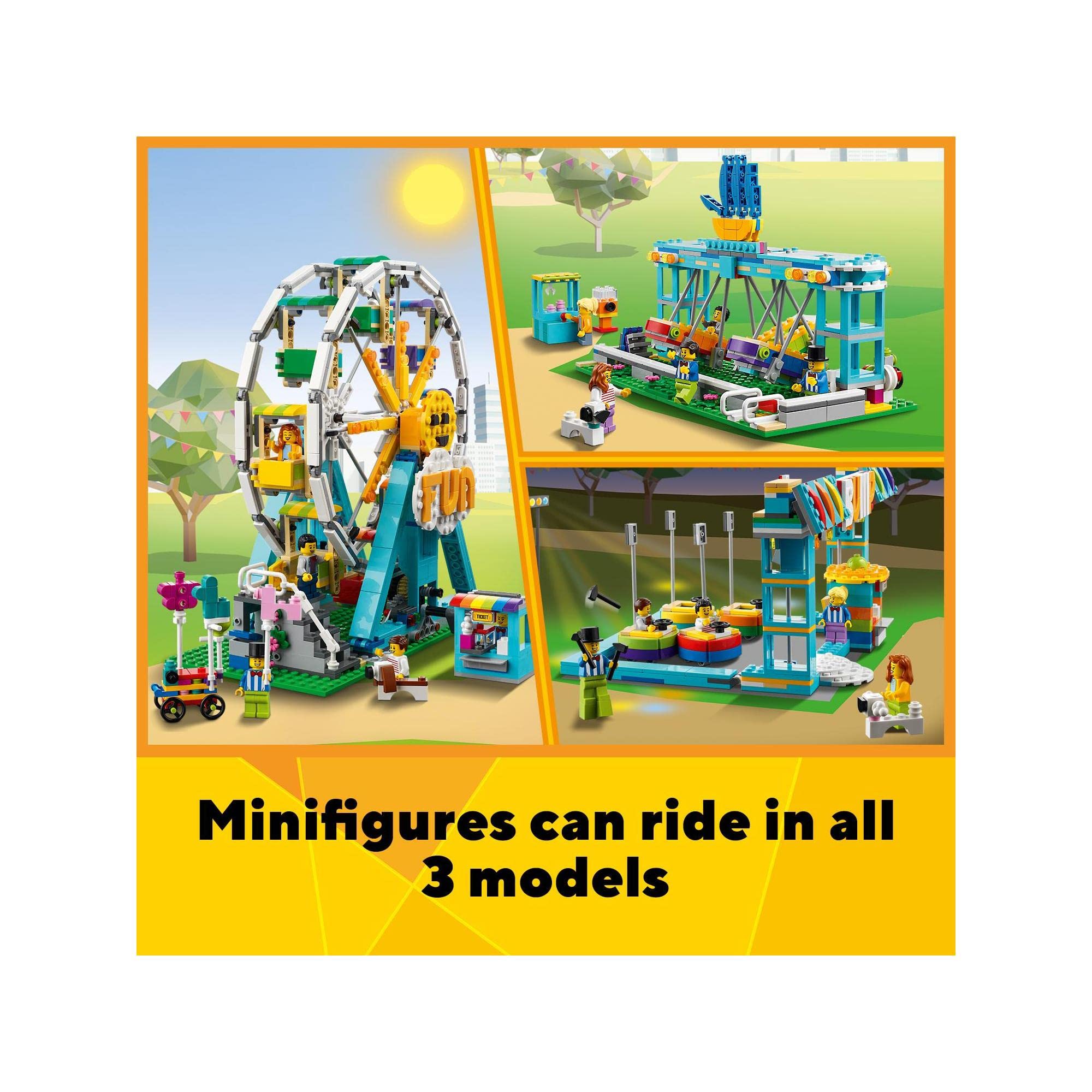 Colorful LEGO amusement park scene with a Ferris wheel, bumper cars, and a carousel.
