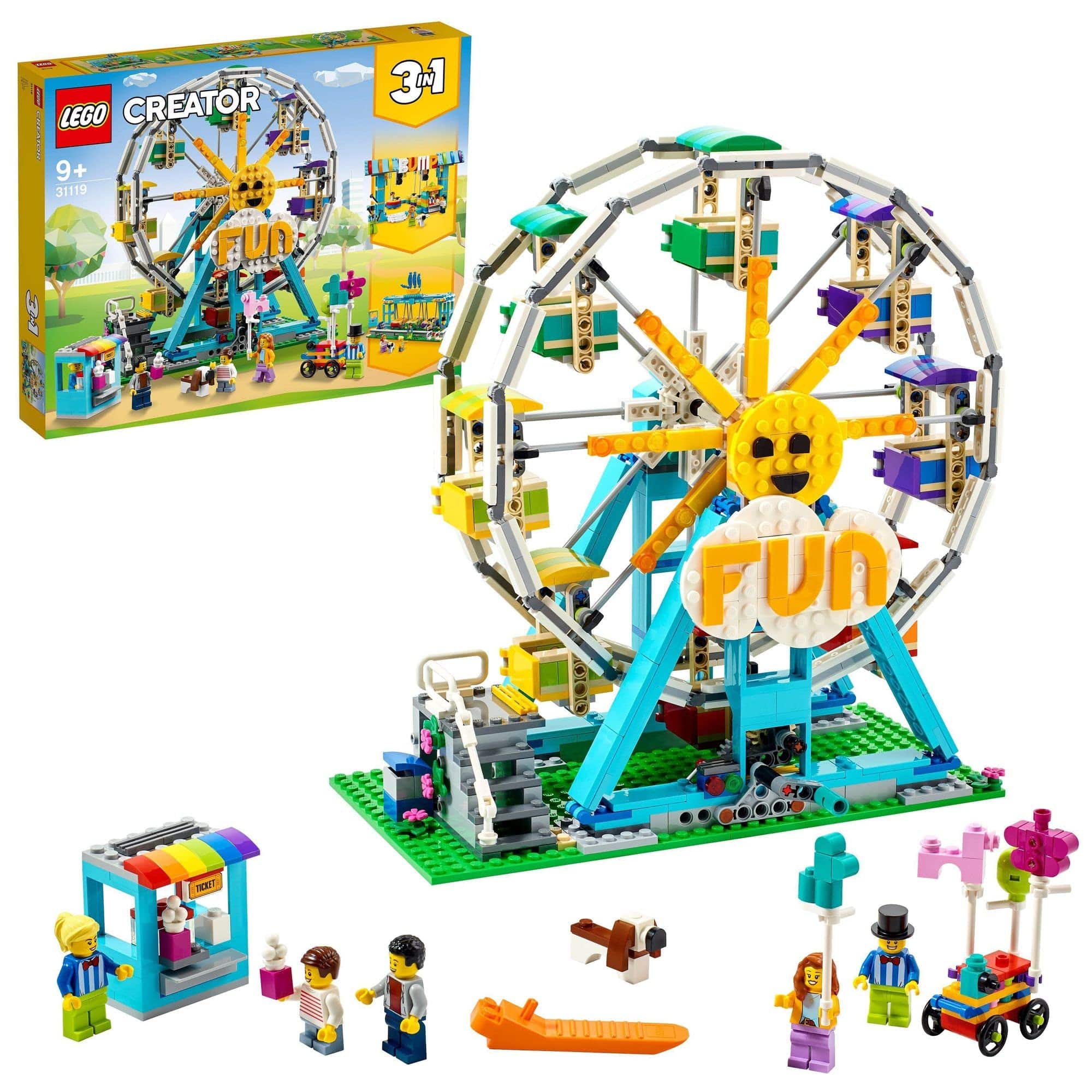 Colorful LEGO Creator amusement park set with a Ferris wheel, minifigures, and fun attractions.