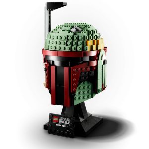 Colorful LEGO Boba Fett helmet model, meticulously detailed, perfect for Star Wars collectors.
