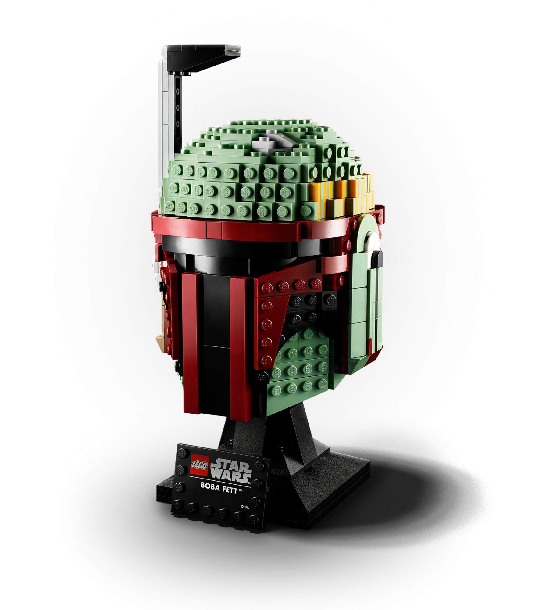 Colorful LEGO Boba Fett helmet model, meticulously detailed, perfect for Star Wars collectors.