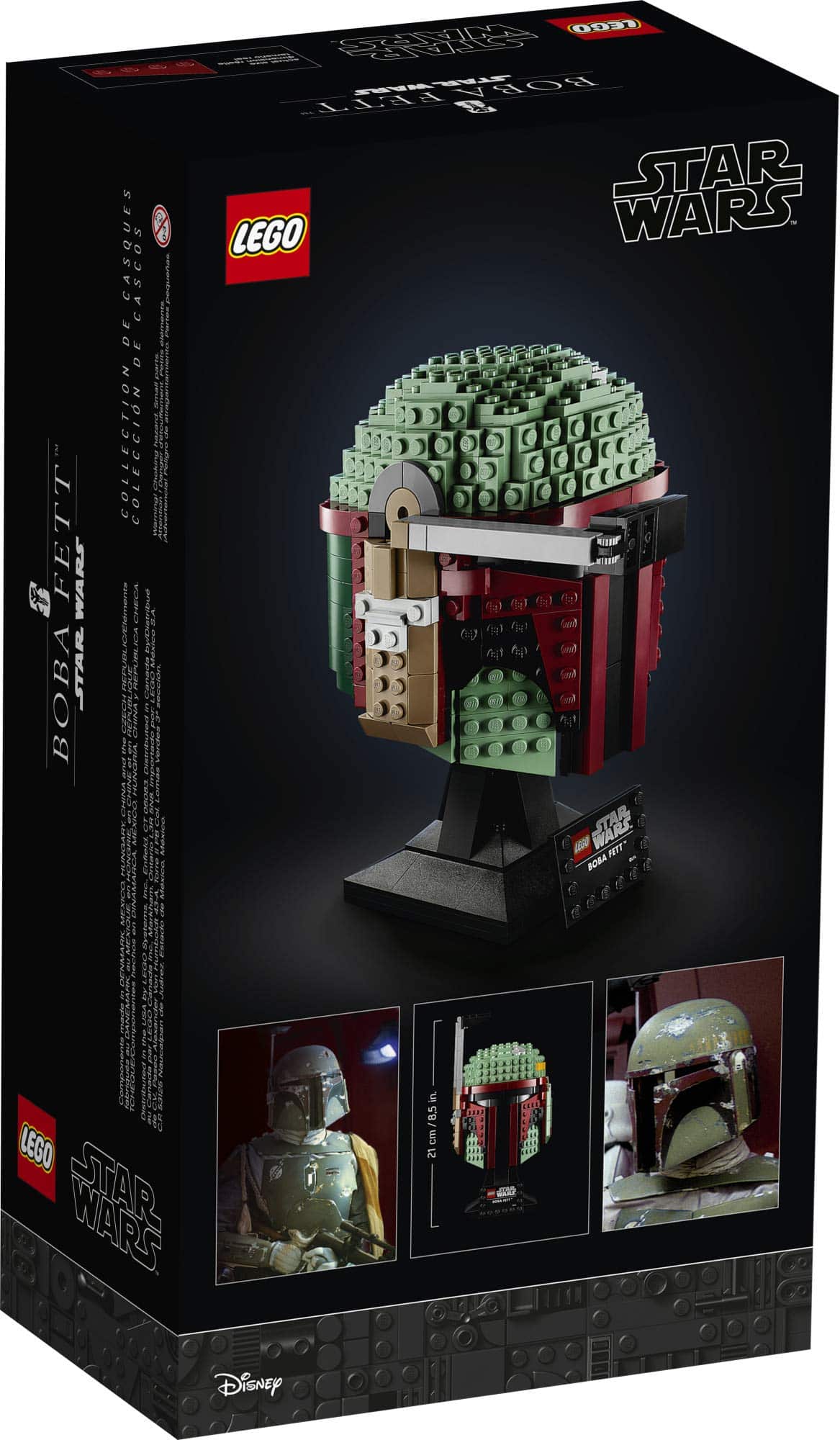 Boba Fett LEGO Helmet Set: Detailed Star Wars display piece with intricate design and colors.