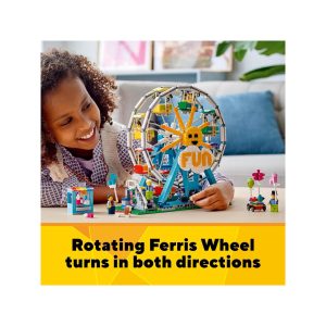 Young girl enjoys imaginative play with a bright, rotating Ferris wheel toy.