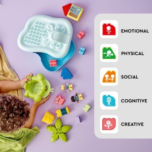 Vibrant play scene with colorful toys and a sensory mat encouraging child development and creativity.