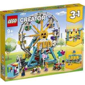 LEGO Creator Ferris Wheel set: colorful carnival fun for kids, featuring rides and cheerful minifigures.