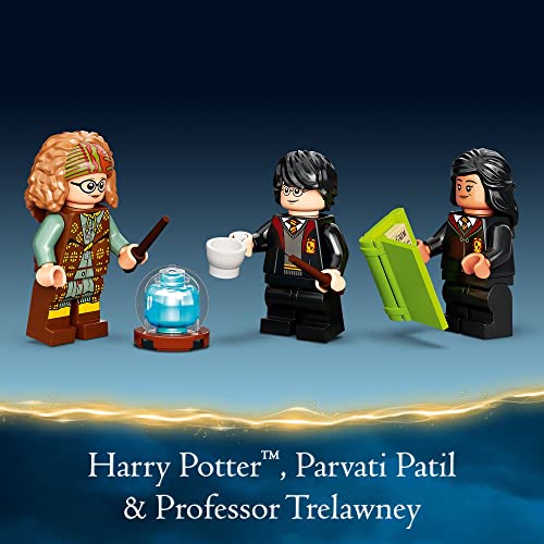 LEGO scene featuring Professor Trelawney, Harry Potter, and Parvati Patil in a magical setting.