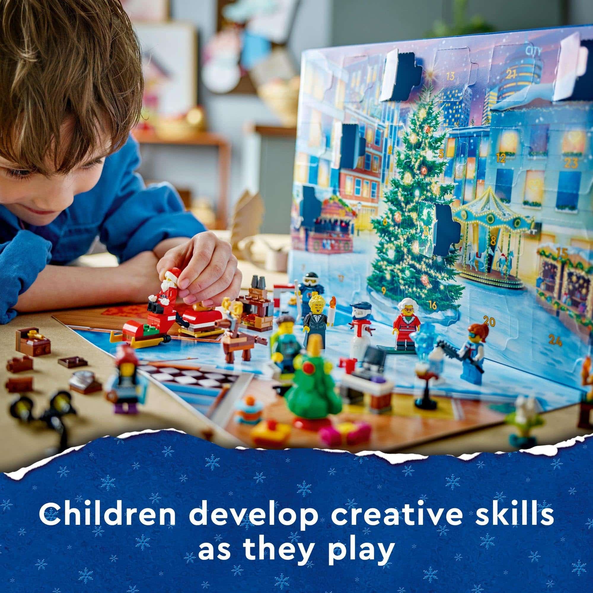 Young boy joyfully plays with colorful holiday figurines, inspiring creativity and imagination.
