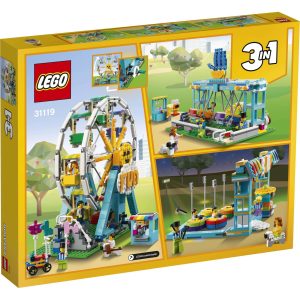 Colorful LEGO 3-in-1 Amusement Park Set featuring a Ferris wheel, carousel, and bumper cars.