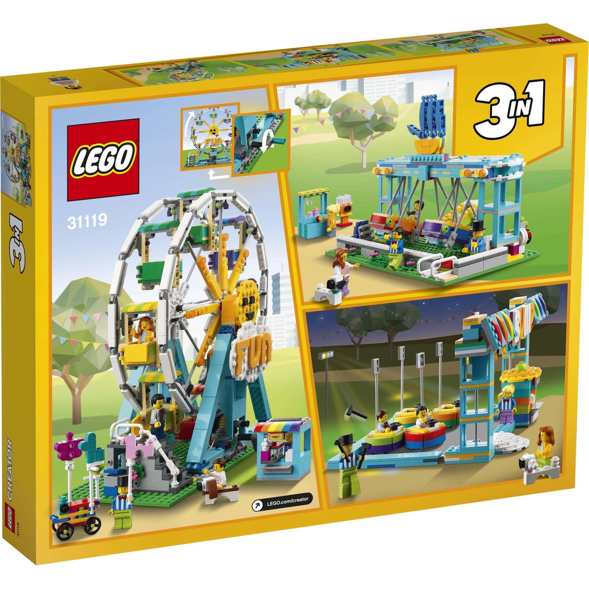 Colorful LEGO 3-in-1 Amusement Park Set featuring a Ferris wheel, carousel, and bumper cars.