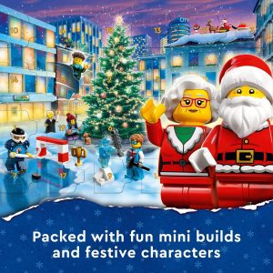 Festive LEGO scene featuring Santa, Mrs. Claus, and a cheerful winter village celebration.