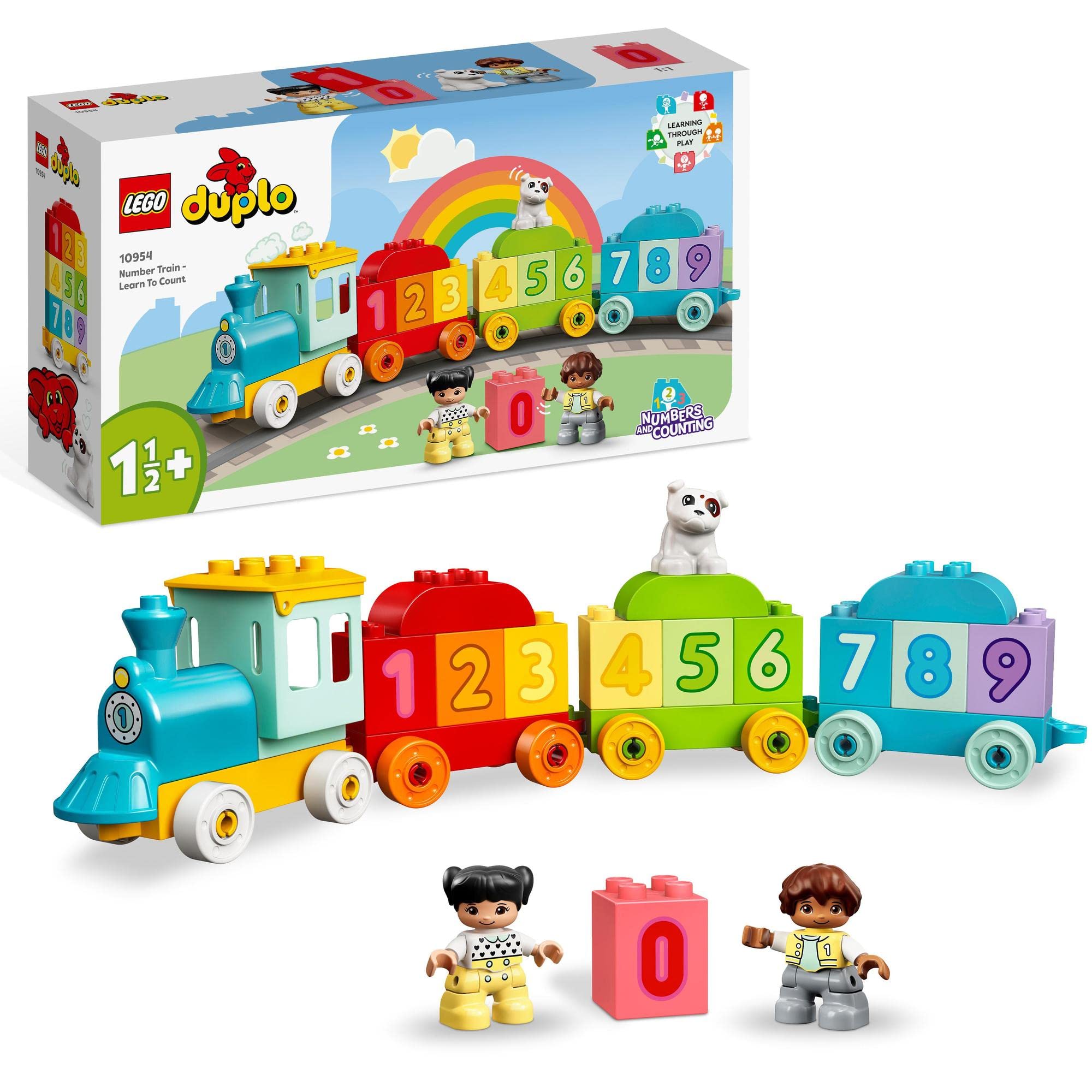 Colorful LEGO Duplo train set for toddlers, featuring numbered blocks, figures, and a playful cat.