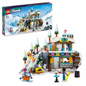 LEGO Friends winter ski lodge set with mini-figures enjoying snowy adventures and cozy activities.