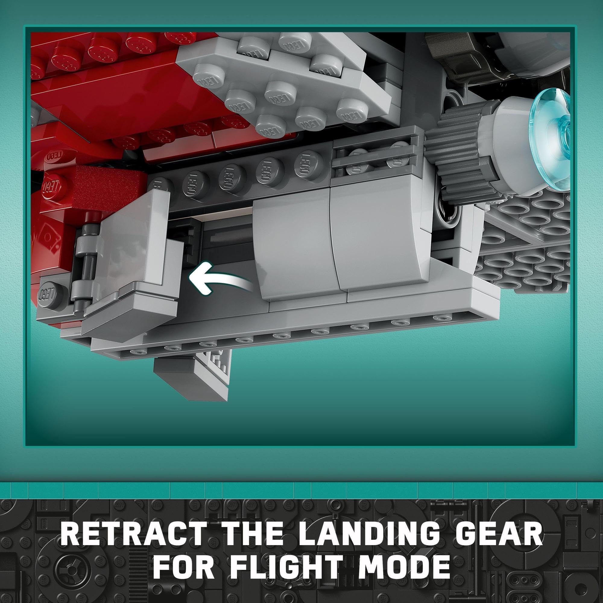 Lego spacecraft with retractable landing gear, designed for land and flight modes in grey and red.