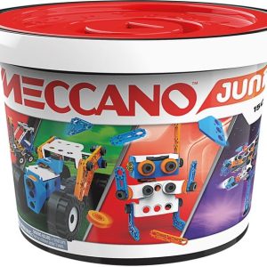 Colorful Meccano Junior construction set in a round tub, inspiring creativity and fun for young builders.