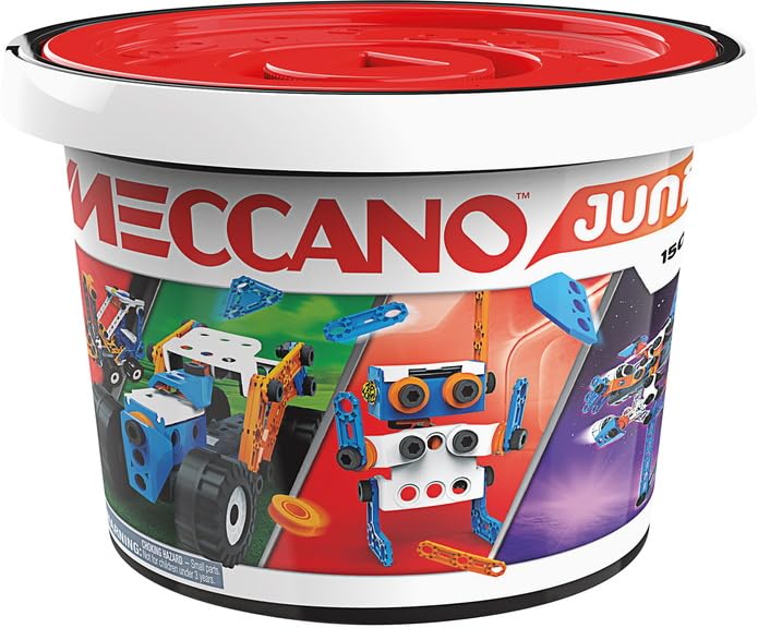 Colorful Meccano Junior construction set in a round tub, inspiring creativity and fun for young builders.