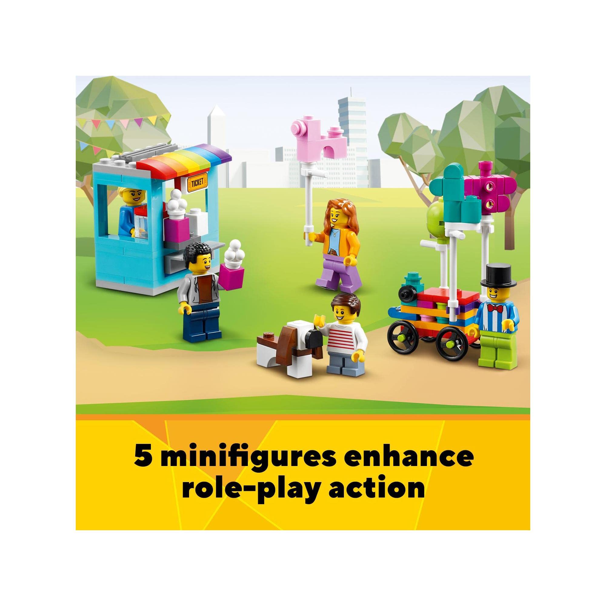 Vibrant LEGO ice cream park scene with cheerful minifigures and pets enjoying a sunny day.