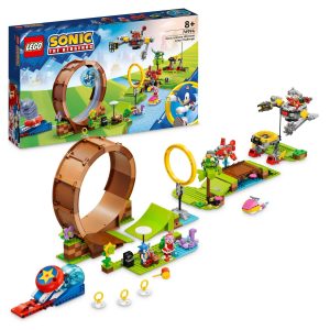 Colorful Sonic the Hedgehog LEGO set with looping track, vibrant landscapes, and iconic characters.