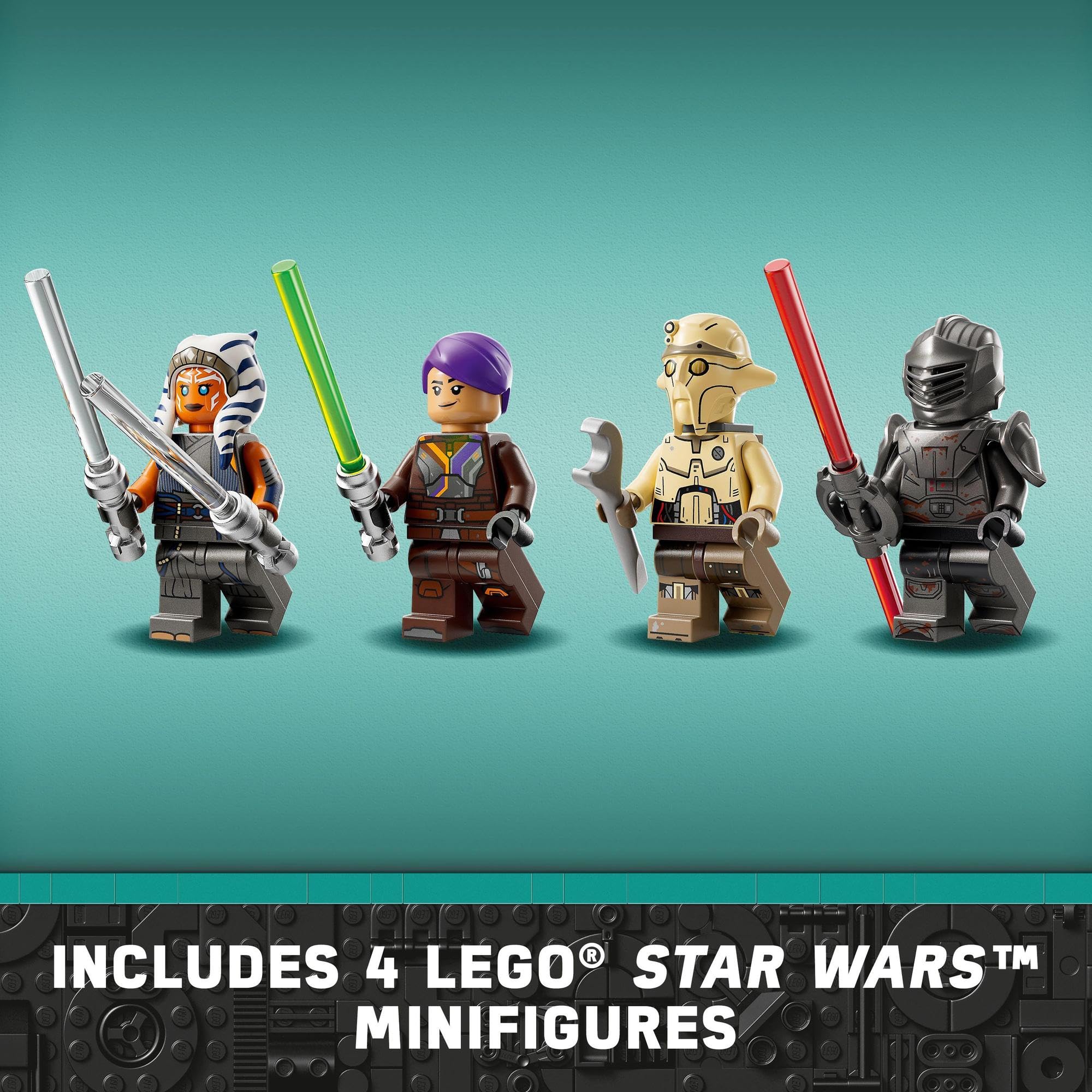 Diverse LEGO Star Wars minifigures display: Ahsoka Tano, Jedi, droid, and dark-armored character.