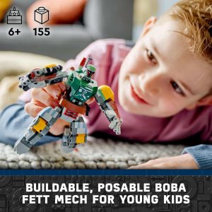 Boy enjoys creative play with colorful Boba Fett mech in cozy living room setting.