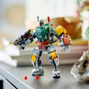 Vibrant LEGO robot inspired by Boba Fett, ready for adventure in a cozy setting.