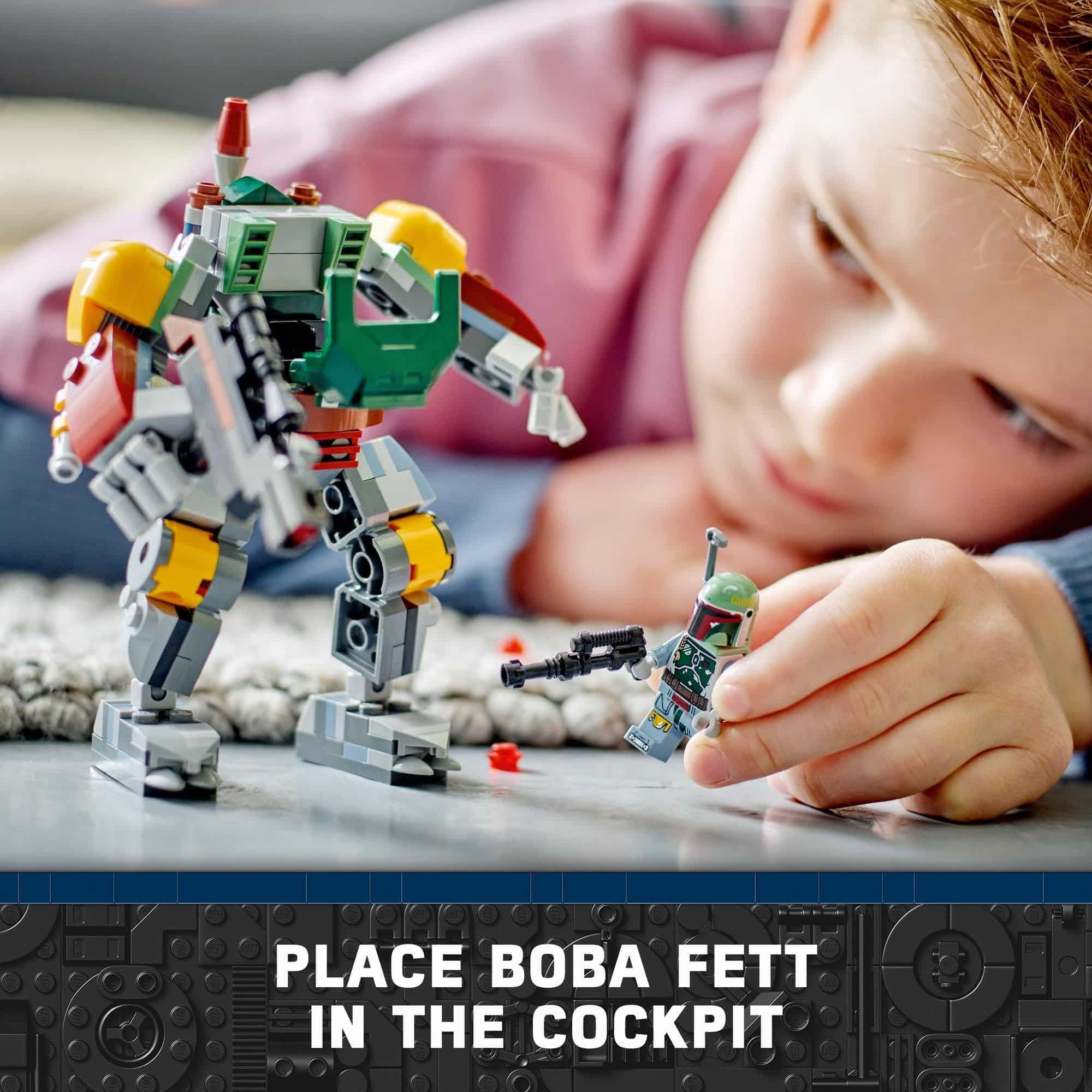 Young boy enjoys imaginative play with Boba Fett figure and colorful robot on soft rug.