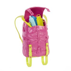 Colorful pink backpack with yellow straps and water bottles, perfect for active youth adventures.