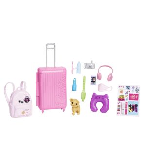 Vibrant travel toys set for kids featuring a pink suitcase, backpack, and playful accessories.