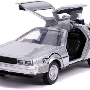 Classic DeLorean model car with gull-wing doors, embodying retro-futuristic design from Back to the Future.