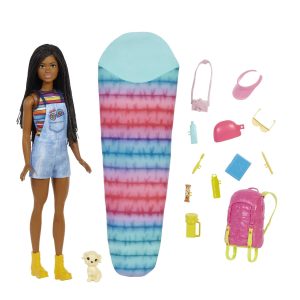 Colorful fashion doll play set with puppy, tie-dye sleeping bag, and adventure accessories.